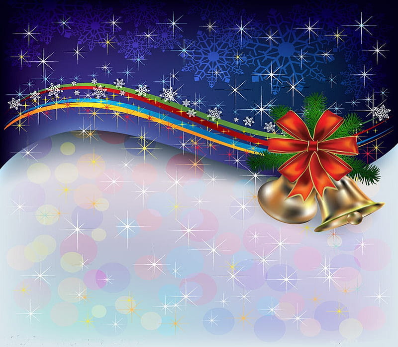 Jingle bells, red, stars, ribbon, colors, yellow, bonito, swirls, rainbow, bow, gold, green, snowflakes, white, bells, joingle bells, blue, HD wallpaper