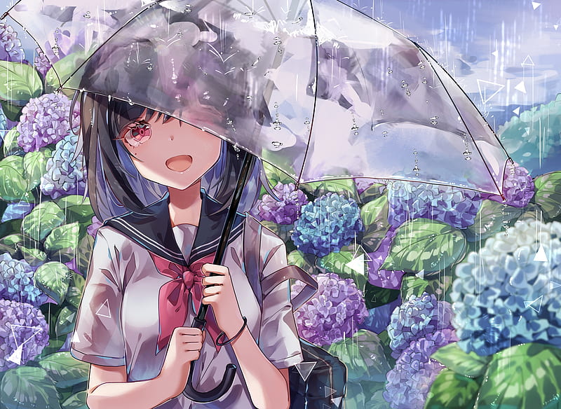 anime school girl, transparent umbrella, raining, colorful flowers, Anime, HD wallpaper