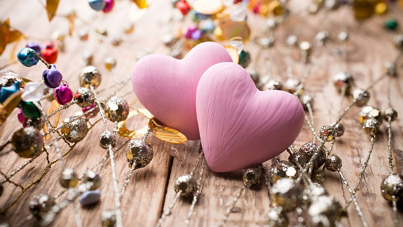 Light Pink Heart Shape Decoration Beads On Wood Table Heart, HD wallpaper
