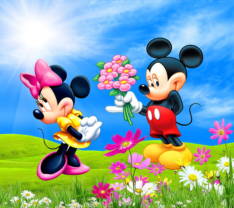 Mickey and Minnie, disney, flowers, love, meadow, mouse, spring, HD wallpaper