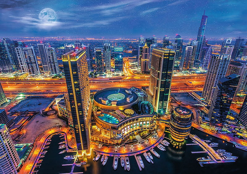 Lights of Dubai, moonlight, buildings, night, skyscrapers, HD wallpaper
