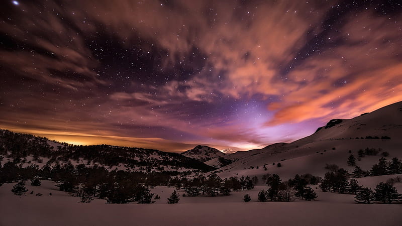 spectacular night sky in winter, stars, mountains, trees, clouds, night, winter, HD wallpaper