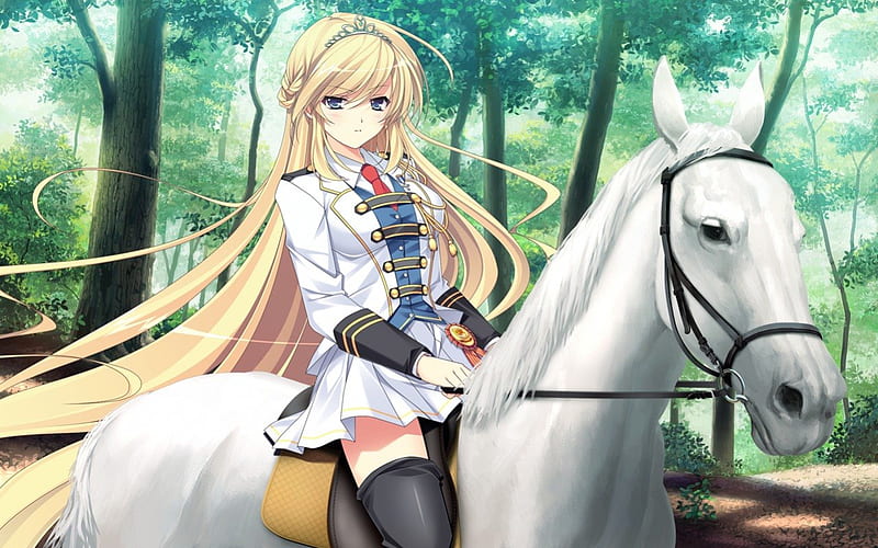 Horse Ride, pretty, plant, sweet, nice, anime, royalty, anime girl, long hair, lovely, blonde, sky, sexy, cute, crown, blond, woods, animal, hot, tiara, blue eyes, forest, female, cloud, blonde hair, horse, blond hair, tree, girl, uniform, ride, nature, princess, HD wallpaper