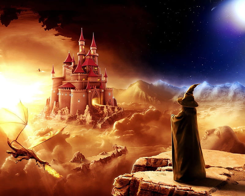 Fantastic World, flames, dragon, castle, sky, night, wizard, HD wallpaper