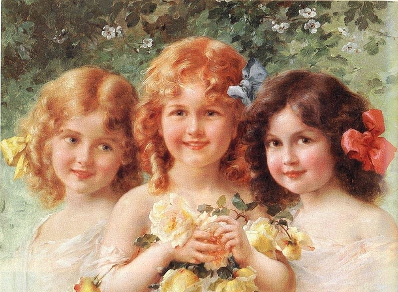 Three sisters, girl, copil, painting, pictura, emile vernon, art, little, rose, children, flower, HD wallpaper