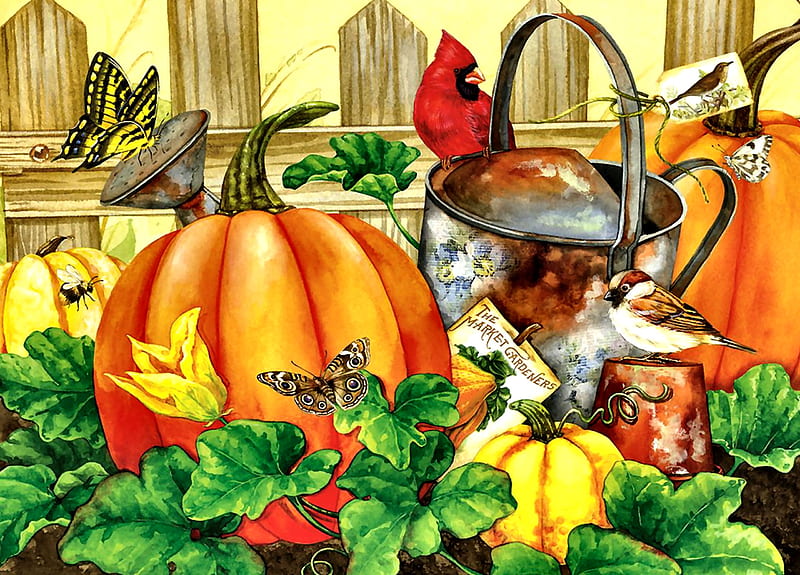 October Garden F, fall, autumn, bonito, illustration, artwork, animal, painting, wide screen, sparrow, art, songbirds, butterflies, bird, avian, wildlife, nature, cardinal, pumpkins, HD wallpaper