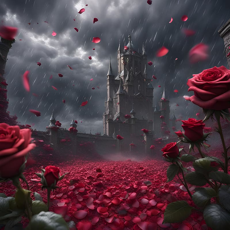 castle, rain, roses, petals, art, HD phone wallpaper