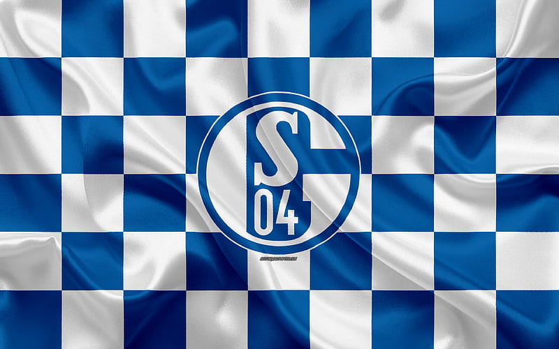 Schalke 04, FC Gelsenkirchen-Schalke 04 logo, creative art, blue white checkered flag, German football club, Bundesliga, emblem, silk texture, Gelsenkirchen, Germany, football, Schalke, HD wallpaper