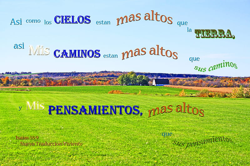 Caminos y Pensamientos de Dios-Mas Altos, hills, farm, autumn, Bible, pasture, trees, field, lake, HD wallpaper