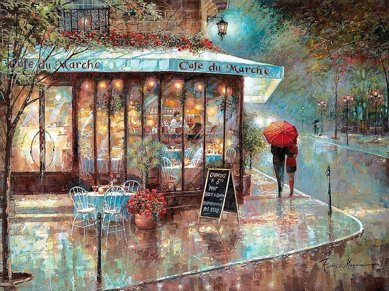 Cafe du Marche, people, Paris, restaurant, painting, rain, artwork, street, HD wallpaper
