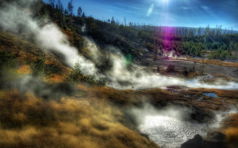 geothermal nature r, forest, sunrays, gethermal, r, steam, hill, HD wallpaper