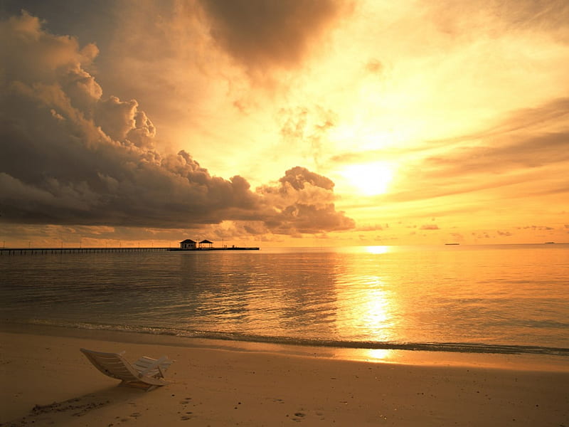 Sunset-ocean, Chair, Deck, Ocean, beach, Sunset, HD wallpaper