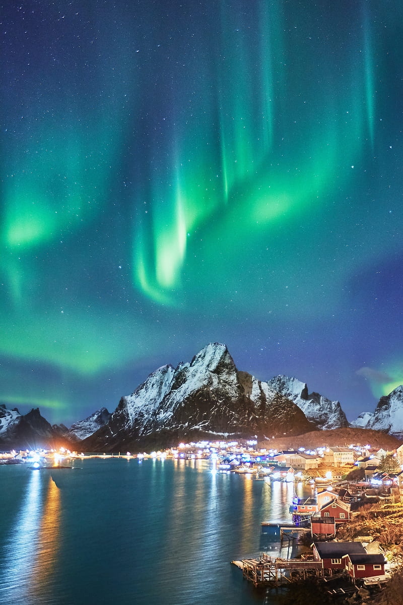 mountains, peak, northern lights, lake, lights, HD phone wallpaper