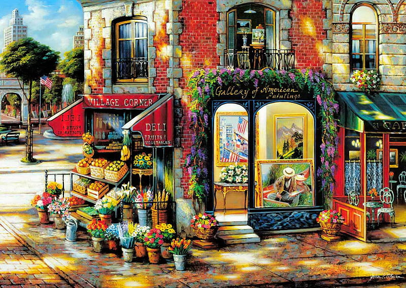 The village corner, shop, pretty, colorful, art, lovely, town, bonito, corner, nice, calm, painting, flowers, peaceful, village, street, HD wallpaper