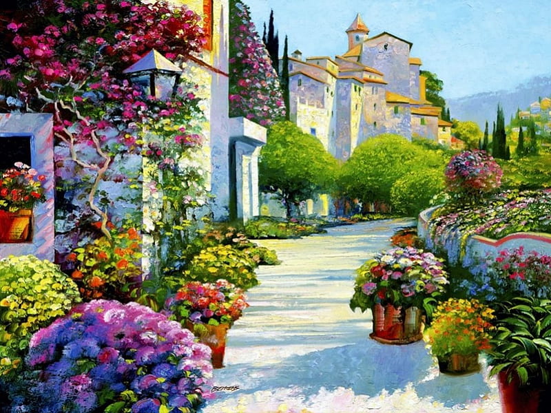 Blissful Burgundy, houses, painting, flowers, path, village, artwork, HD wallpaper