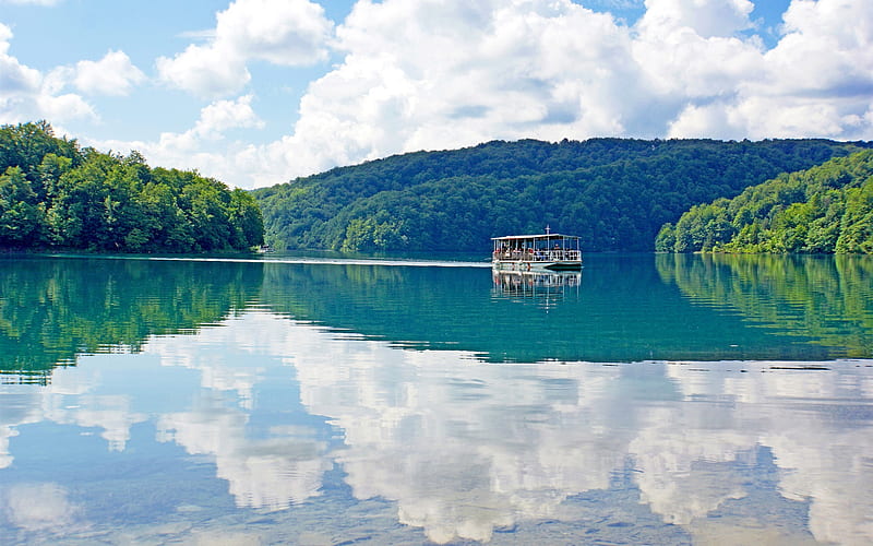 Plitvice Lakes National Park, summer, steamship, croatian landmarks, coast, Europe, Croatia, HD wallpaper