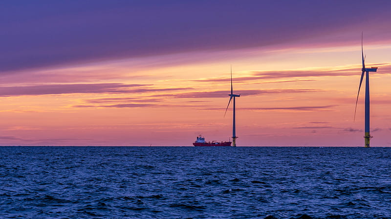 Ship On Bothnian Sea Finland And Wind Turbine During Sunset Nature, HD wallpaper
