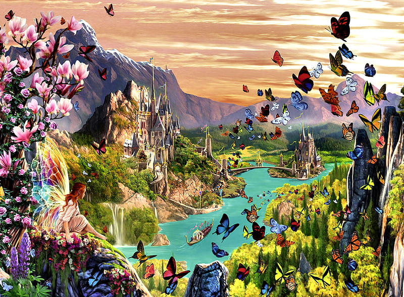 Fairy Valley F1C, art, bonito, butterflies, abstract, artwork, fantasy, painting, wide screen, fairy, HD wallpaper