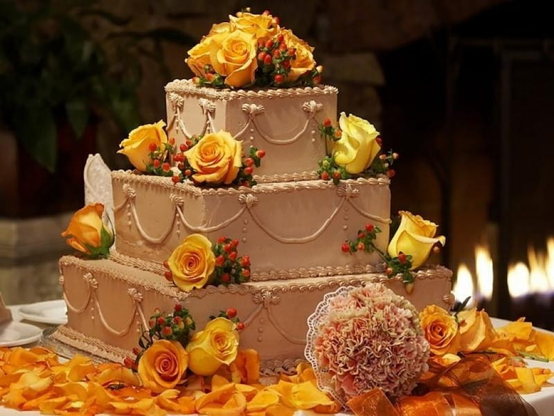 AUTUMN WEDDING, CAKE, WEDDING, AUTUMN, COLORS, ROSES, HD wallpaper