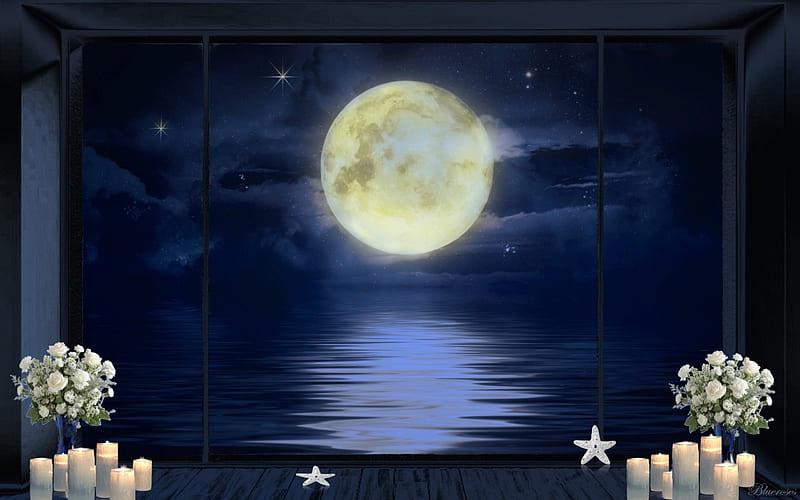 *Full moon view*, full, sea, moon, august moon, goodnight, blue, night, stars, window, romantic, view, hq, roses, starfish, fullmoon, candles, dark, moonlight, summer, HD wallpaper