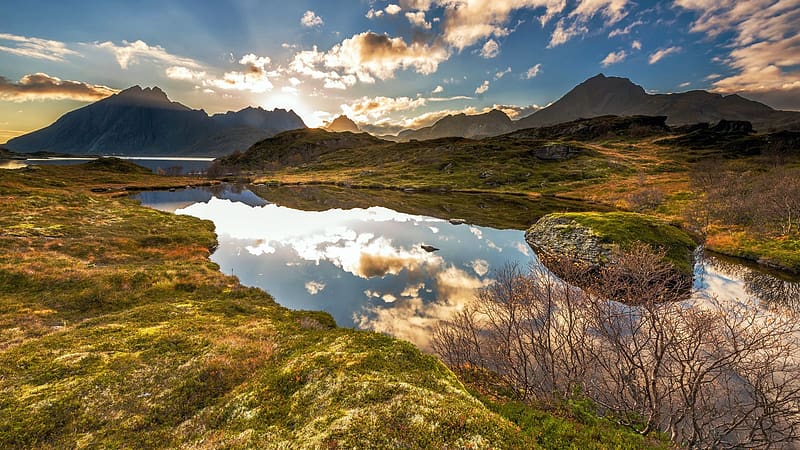 The Lofoten Islands, Norway, lake, clouds, landscape, sky, rocks, water, reflections, HD wallpaper