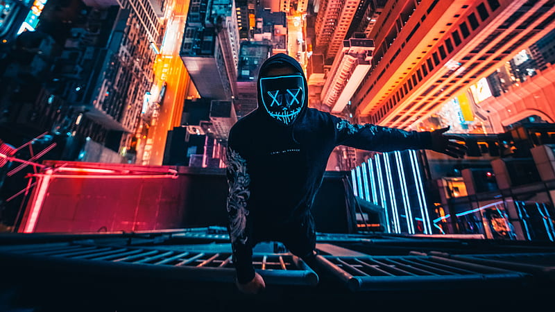 Neon Mask Guy Climbing Building , mask, neon, person, graphy, HD wallpaper