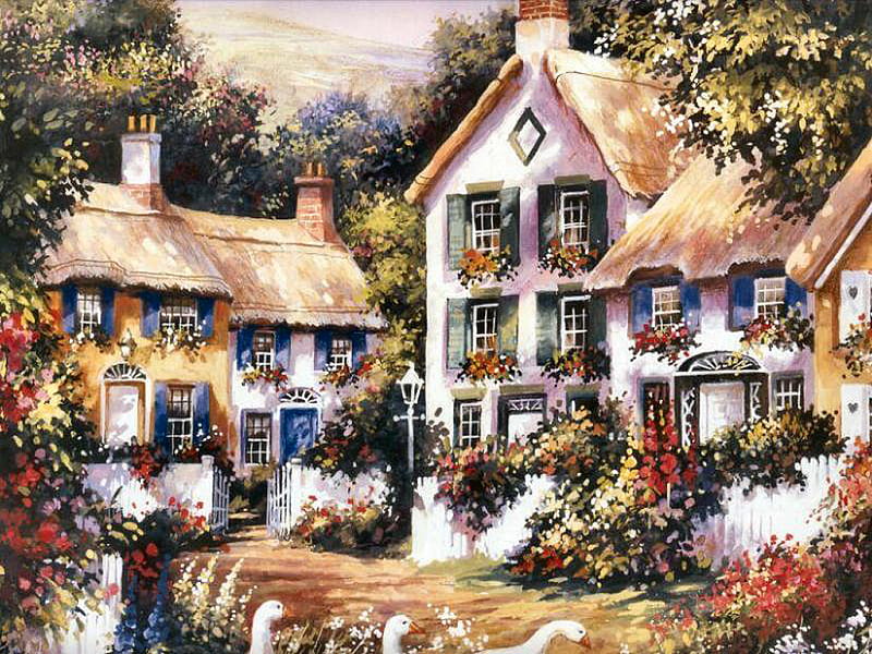 Neighboring Cottages F2, art, cottage, cobblestone street, artwork, geese, thatch, painting, scenery, landscape, HD wallpaper