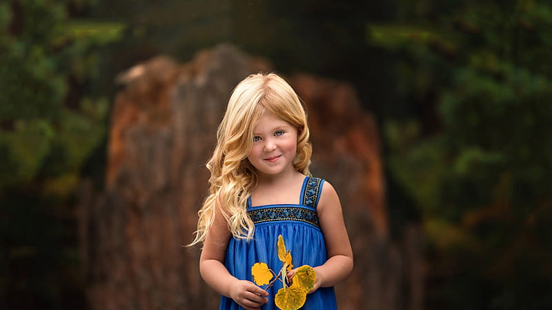 Grey Eyes Cute Little Girl Is Standing In Blur Forest Background Wearing Blue Dress Cute, HD wallpaper