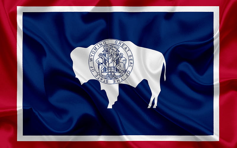 Wyoming State Flag, flags of States, flag State of Wyoming, USA, state Wyoming, blue silk flag, Wyoming coat of arms, HD wallpaper