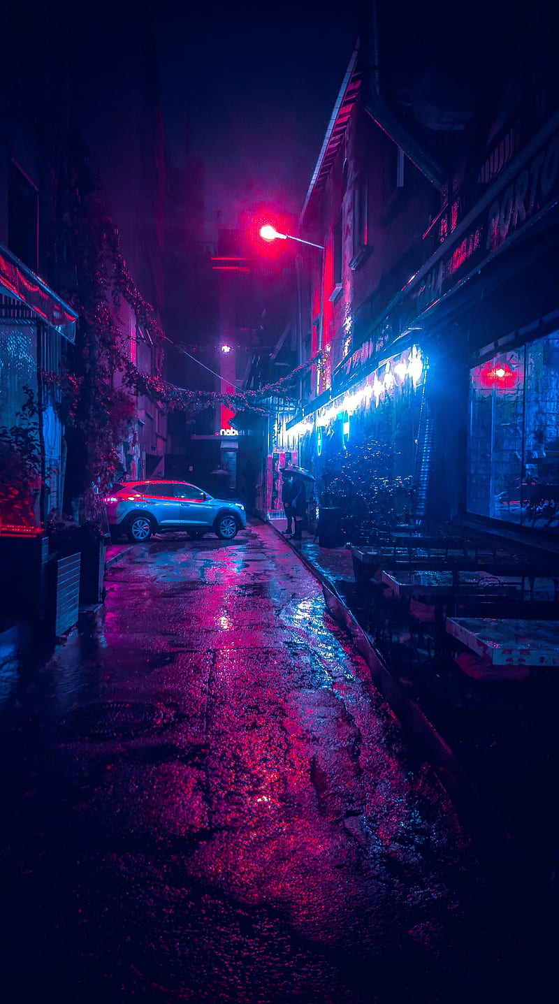 cyberpunk 2077, blue, city, neon, night, pink, purple, HD phone wallpaper