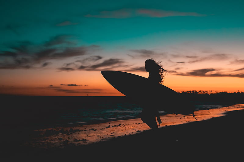 silhouette of woman holding surfboard on beach during sunset, HD wallpaper