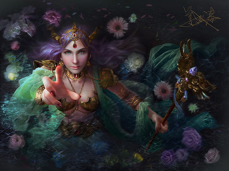 Queen of water, frumusete, luminos, mermaid, vara, fantasy, girl, purple, green, summer, hand, flower, nicholas jiang, siren, HD wallpaper
