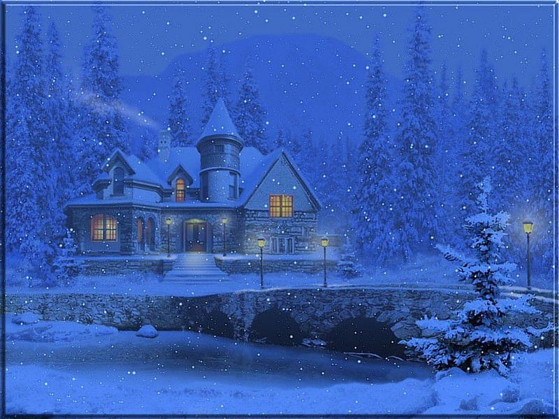 WINTER, house, snow, bridge, trees, HD wallpaper | Peakpx