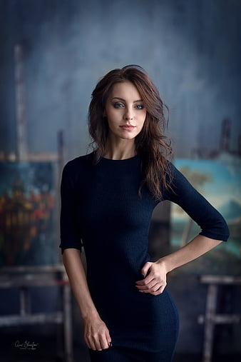 Evgeny Sibiraev, women, model, Anastasia Sobolevskaya, brunette, blue eyes,  T-shirt, HD phone wallpaper