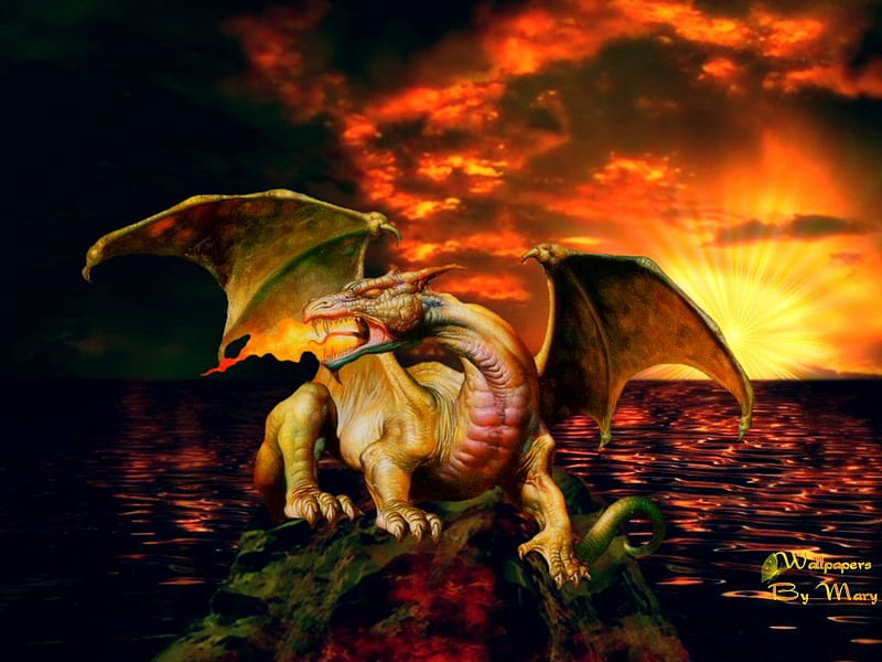 Dragon Fear, lakes, fantasy, sunsets, dragons, HD wallpaper