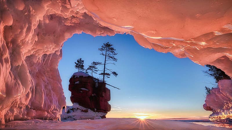 Apostle Islands Ice Cave sunrise, winter, sea, trees, sky, wiconsin, usa, rock, HD wallpaper