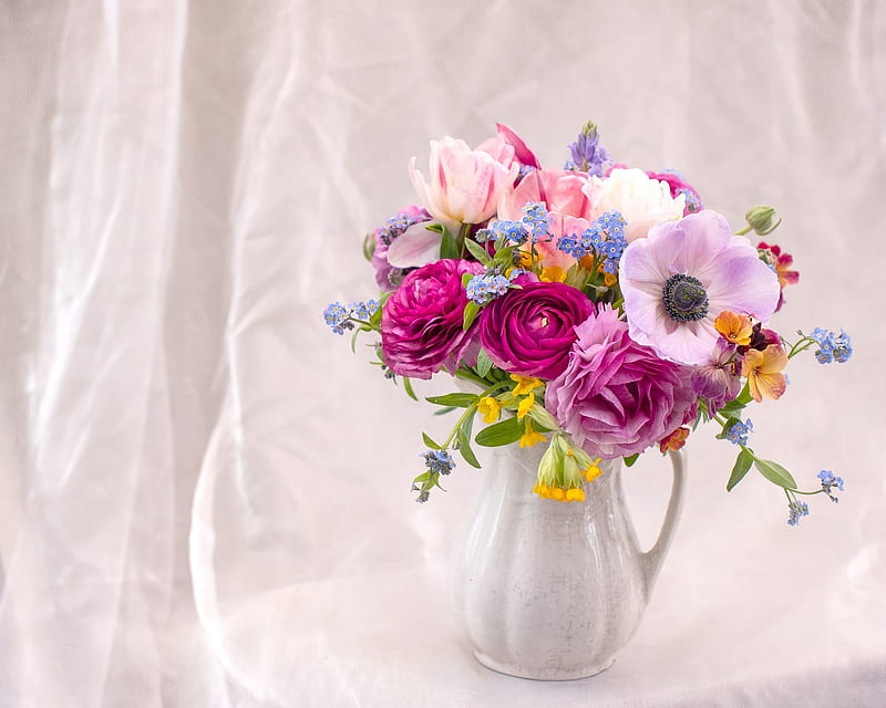 Pretty bouquet of flowers, anemone, ranunculus, rose, bouquet, vase, flower, pink, HD wallpaper