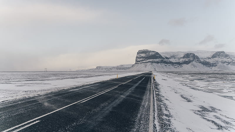 road, snow, mountains, winter, landscape, HD wallpaper