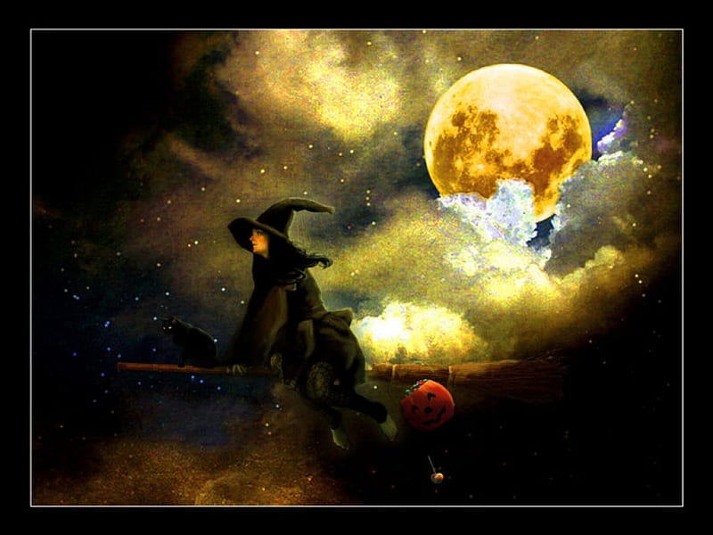 Night ride, Hallowee, witch, moon, broom, HD wallpaper