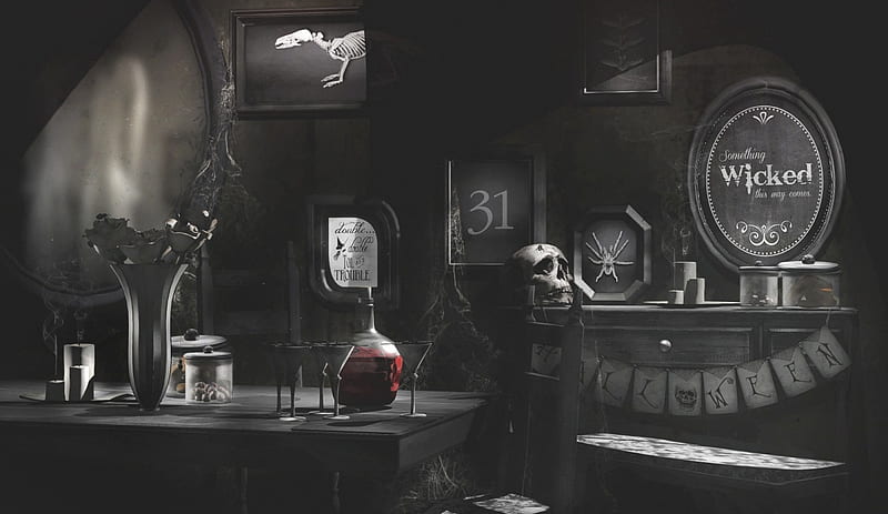 Witch's Room, banner, skeleton, vanity table, bats, mirrors, black and white, glasses, vase, broom, quotes, chairs, witchs hat, Halloween, room, decanter, table, webs, bugs, bench, roses, spider webs, potion, witchs room, hat, candles, skull, jars, HD wallpaper