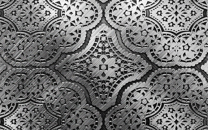 floral metal patterns, close-up, silver metal pattern, metal background, metallic floral pattern, metal patterns, macro, silver backgrounds, HD wallpaper