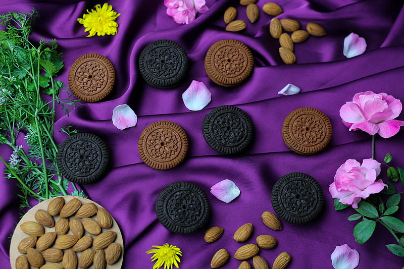 cookies, petals, nuts, flowers, dessert, HD wallpaper