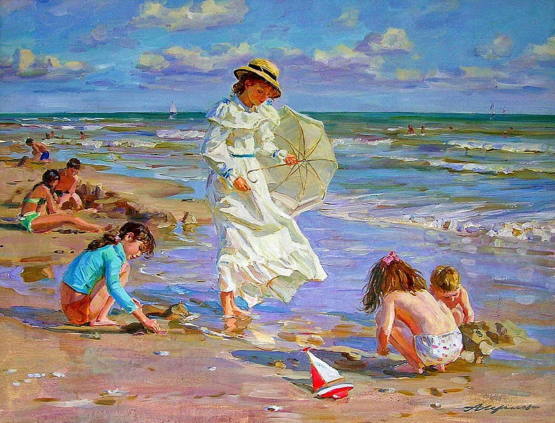 :), art, wind, children, umbrella, sea, beach, vara, water, girl, copil, summer, painting, parasol, pictura, alexander averin, HD wallpaper
