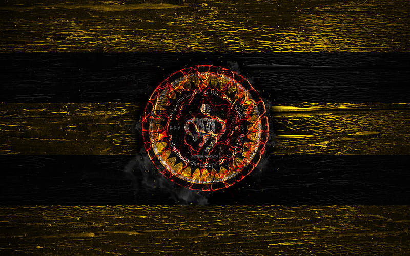 Sepahan FC, fire logo, Persian Gulf Pro League, yellow and black lines, Iranian football club, grunge, football, soccer, Sepahan logo, wooden texture, Iran, HD wallpaper