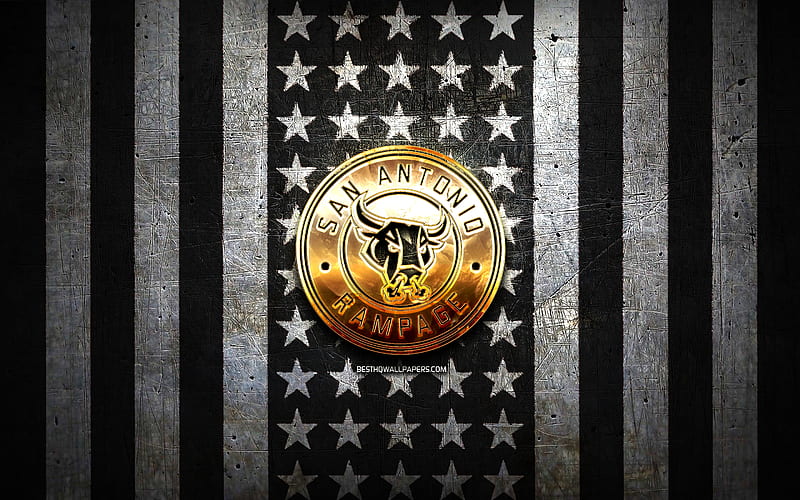San Antonio Rampage flag, AHL, black white metal background, american hockey team, San Antonio Rampage logo, USA, hockey, golden logo, San Antonio Rampage, HD wallpaper