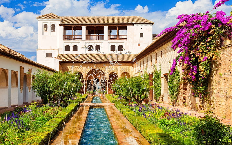 Alhambra de Granada, alhambra, garden, pink, generalife, spania, espana, spain, water, granada, flower, HD wallpaper