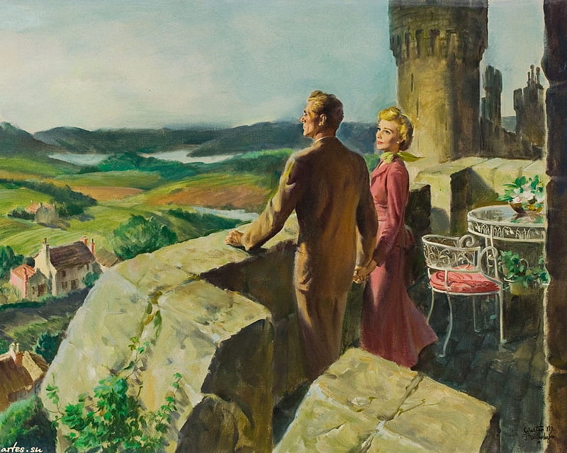 Our first trip, together, fine art, woman, hollydays, 50s, trip, people, love, beauty, vintage, art, romantic, walter baumhoffer, man, paintng, romans, nature, castle, HD wallpaper