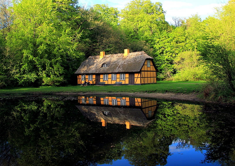 The lake house, Reflection, Water, Denmark, Green, Roof, House, HD wallpaper