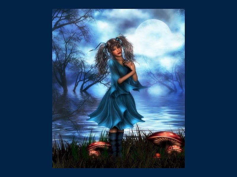 DARLING BLUE, moon, female, water, grass, mushroom, trees, blue, HD wallpaper