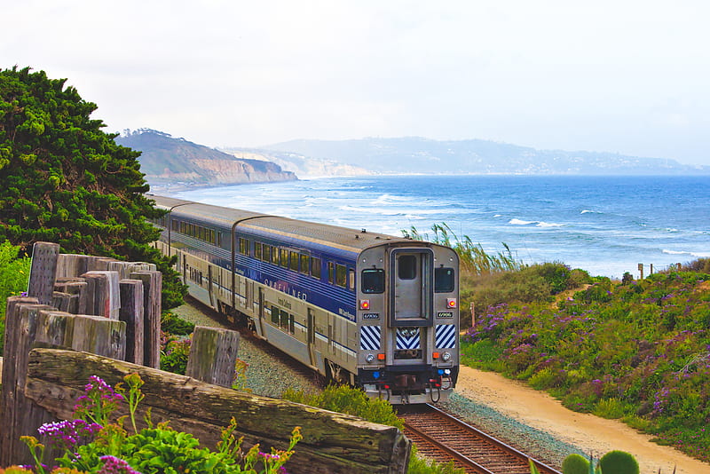 gray and blue train passing near body of water, HD wallpaper